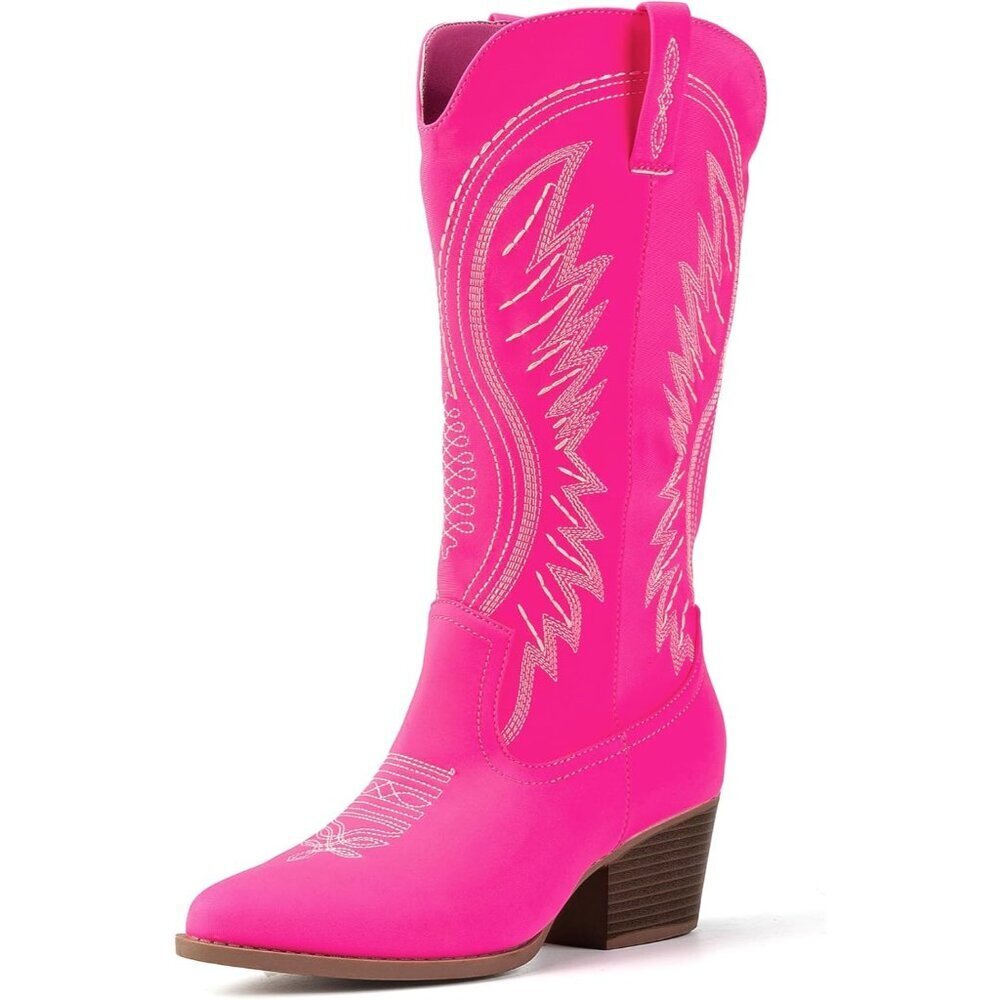 Womens Pink Western Cowboy Boots Embroidered Ankle Booties Block Heel Zips